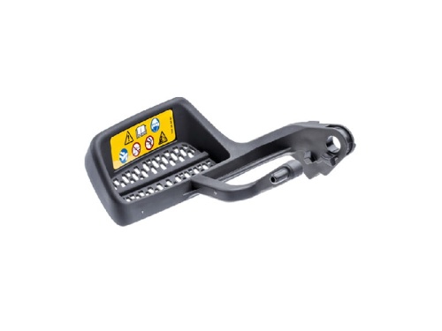 Dźwignia hamulca pilarki Husqvarna T540 XP/T540 XP II w kolorze czarnym z żółtym oznaczeniem. Widać perforowane zakończenie dla lepszego uchwytu. Produkt w pozycji poziomej, ukazujący szczegóły konstrukcji oraz mocowania. Tło białe.