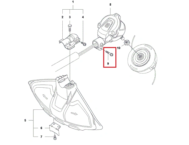 Metalowa, srebrna śruba wspornika kierownicy do kosy Husqvarna 135R, widoczna z boku w zbliżeniu, z gwintowaną końcówką i główką, zamontowana na jasnym tle.