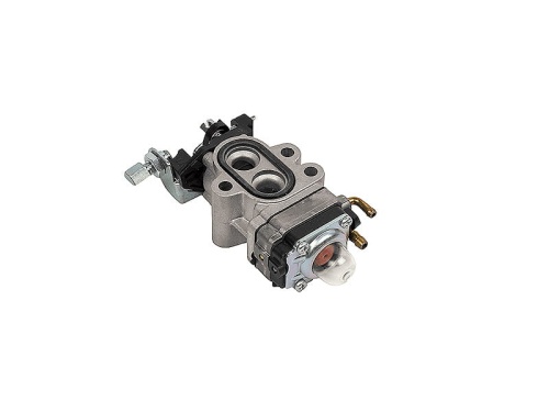Gaźnik dmuchawy 130BT/530BT Husqvarna, srebrny, aluminiowy, prostokątny. Widok z boku ukazuje przyłącza i mechanizm zasilania na jednolitym tle.