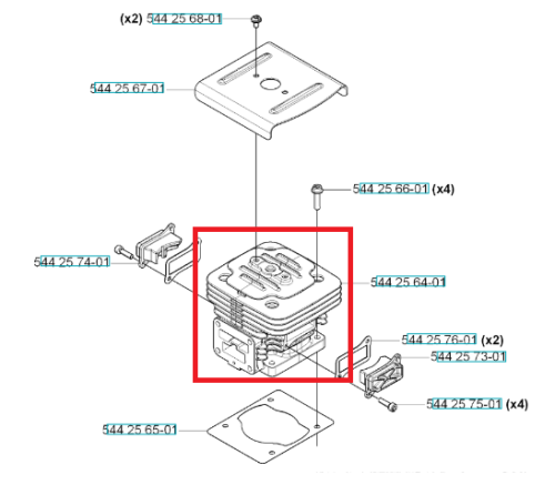 Cylinder dmuchawy Husqvarna 170BT/370BFS, umieszczony w centralnej części diagramu, z widocznymi kanałami chłodzenia. Element w kształcie prostokąta z wycięciami, oznaczeniami i otworem montażowym. Widok z góry, w kontekście zespołu części.