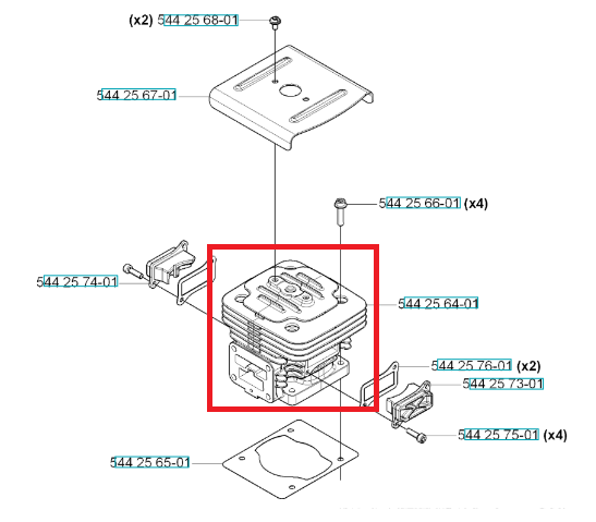 Cylinder dmuchawy Husqvarna 170BT/370BFS, umieszczony w centralnej części diagramu, z widocznymi kanałami chłodzenia. Element w kształcie prostokąta z wycięciami, oznaczeniami i otworem montażowym. Widok z góry, w kontekście zespołu części.