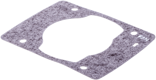 Uszczelka cylindra dmuchawy Husqvarna 170BF/370BFS, wykonana z szarego materiału, prostokątna, z centralnym otworem i czterema widocznymi otworami mocującymi. Produkt leży na białym tle, ukazując krawędzie i detale tekstury.