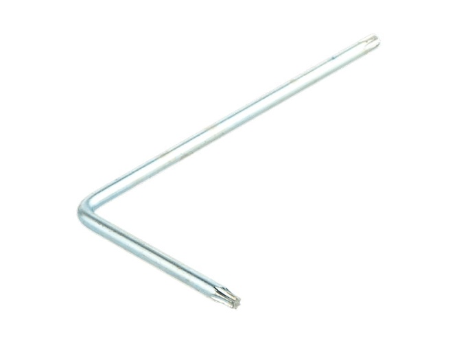 Metalowy, srebrny klucz L do dmuchawy 550iBTX i pilarki 550XP Husqvarna z wycięciem do mocowania, na białym tle, pokazany w pełnej długości i kształcie.