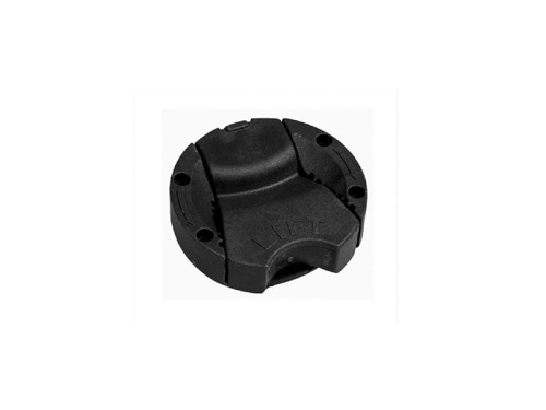 Czarne, okrągłe pokrętło pokrywy sprzęgła do pilarek Husqvarna 236e/240e/120e Mark II z napisem LIFT, na białym tle, z otworami montażowymi i gładką teksturą, typowe dla części zamiennych.