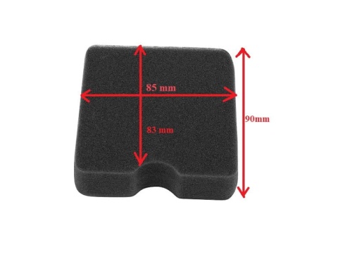Filtr powietrza do dmuchawy Husqvarna 130BT/425BVS, czarny, piankowy, prostokątny, wymiary 85x83x90 mm, z wgłębieniem na środku, leżący na białym tle.
