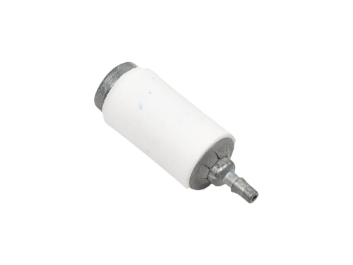 Filtr paliwa do dmuchawy Husqvarna 125B/GBV325 w formie cylindrycznej, z białym korpusem i metalowymi końcówkami. Ujęcie z boku, leżący na jednolitym tle. Widoczny otwór na wylot paliwa oraz wyraźne detale mocowań.