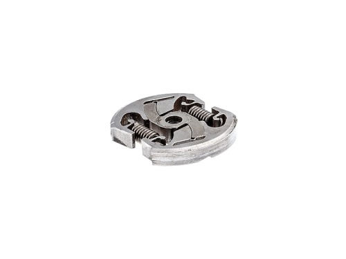 Sprzęgło do pilarki Husqvarna T540 XP/T540 XP II, metaliczne, okrągłe, z wyraźnymi sprężynami i nacięciami, widoczne z boku. Produkt leży na jednolitym tle, ujęcie w zbliżeniu ukazuje szczegóły konstrukcji oraz mechanizm.