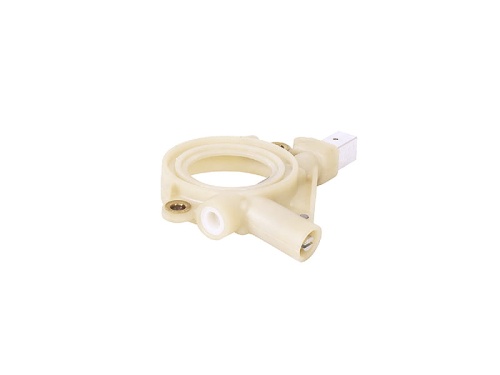 Pompa oleju do pilarki Husqvarna 545 Mark II/550 XP Mark II, jasnoszara, z tworzywa sztucznego. Widok z boku na płaskiej powierzchni. Ma dwa otwory do podłączenia i wypływu oleju, ergonomiczny kształt i mocowania.