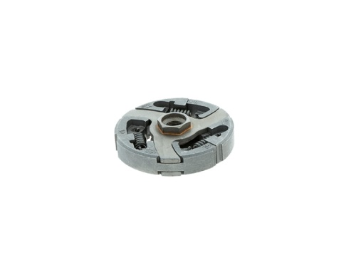 Sprzęgło do pilarki Husqvarna 395XP/281XP/288XP w kolorze szarym, okrągłe, z metalowymi sprężynami i centralnym gwintem. Ujęcie z boku, pokazujące detale konstrukcyjne. Widoczne logo i oznaczenia na powierzchni.