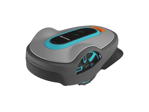 Robot koszący Gardena Sileno Life 1500, szaro-niebieski z czernią, widok z boku. Ergonomiczny kształt, logo Gardena na górze oraz przyciski sterujące. Automatyczny kosi trawnik.