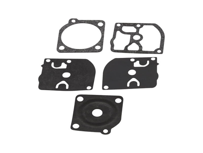 Zestaw 5 czarnych membran gaźnika do wykaszarek Husqvarna 343R/345R o różnych kształtach i rozmiarach, ułożonych na płaskiej powierzchni z widocznymi otworami i wzorami montażowymi.