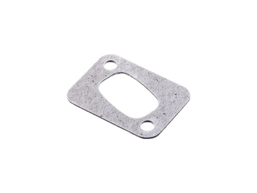 Szara uszczelka tłumika do kosy Husqvarna 343R, teksturowany materiał, prostokątna z dwoma otworami. Leży na jednolitym tle. Przeznaczona do silników kos.