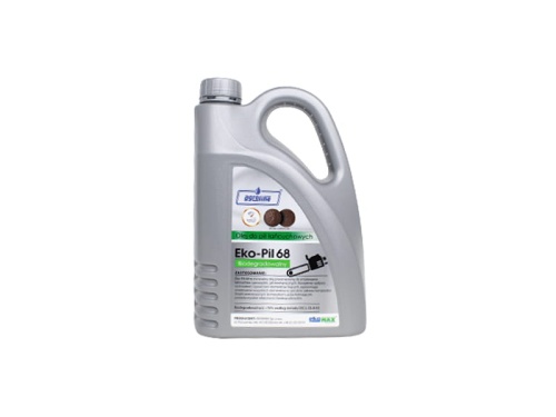 Olej do łańcuchów Eko-Pil 68, 2L w szaro-białym plastikowym pojemniku z ergonomiczną rączką. Z napisem Olej do pił łańcuchowych, info o ekologii i logo producenta, na białym tle.