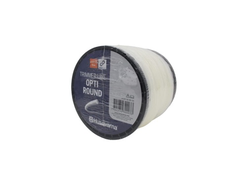 Linka tnąca 3,3 mm x 75 m, okrągła, opakowana na czarnym bębnie z widocznymi napisami Opti Round oraz logo Husqvarna. Produkt leży poziomo, pod folią ochronną, na neutralnym tle. Na bębnie widoczne są informacje o długości i średnicy linki.