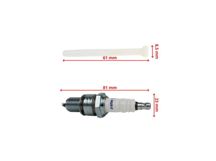 Zestaw świec zapłonowych Husqvarna: jedna świeca 81x23 mm z ceramiczną izolacją oraz biała cewka 61x8,5 mm na jasnym tle.