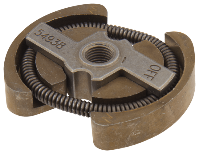 Sprzęgło kpl. wykaszarki 128R Husqvarna w kolorze brązowym z metalową sprężyną. Widok frontalny, detali z wyraźnym napisem OFF, okrągły kształt z wgłębieniem na śrubę. Idealne do zamontowania w wykaszarkach.