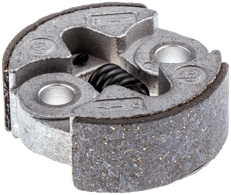 Sprzęgło wykaszarki Husqvarna 132R/133R, metalowe, o okrągłym kształcie, z elastomerowym wypełnieniem. Widoczne otwory montażowe oraz sprężyna w centralnej części. Produkt leży na jasnym tle, ukazuje detale konstrukcji i fakturę materiału.