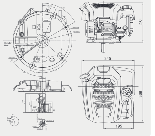 Silnik HS 123A do kosiarki LC140P/LC140SP Husqvarna prezentowany z boku. Zawiera logo Husqvarna, a jego obudowa ma prostokątny kształt z widocznymi wymiarami: 369 mm długości i 261 mm wysokości. Z przodu umieszczone otwory wentylacyjne.