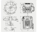 Silnik HS 166AE do kosiarki Husqvarna LC347VE/LC353VE, frontalny widok, metalowa obudowa, logo Husqvarna z przodu, szczegółowe wymiary na rysunku technicznym, na białym tle, pokazuje kluczowe detale konstrukcyjne silnika.