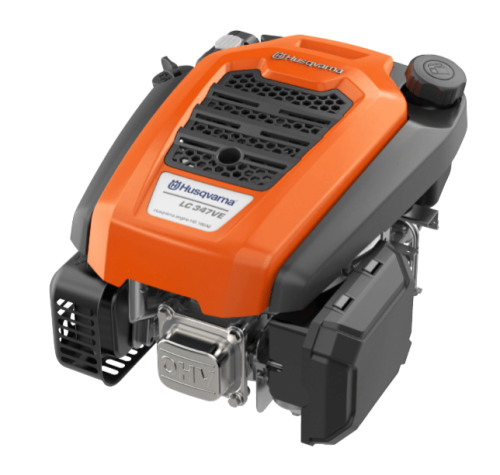 Silnik HS 166AE do kosiarki Husqvarna LC347VE/LC353VE, pomarańczowo-czarny, z logo producenta, frontalne ujęcie z wlotami powietrza i dużą pokrywą, nowy, bez dodatkowych elementów.