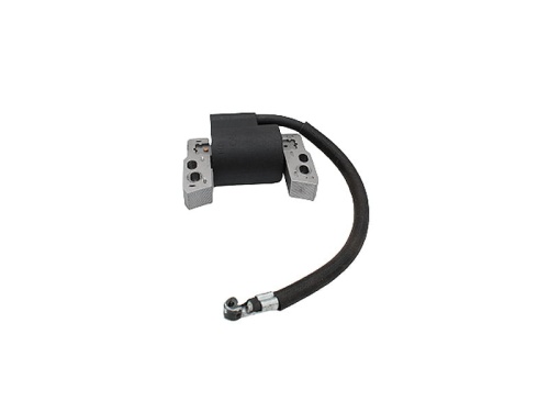 Moduł zapłonowy do kosiarki Briggs&Stratton OHV, widoczny z boku, w pozycji leżącej. Elementy metalowe w kolorze srebrnym z widocznymi otworami montażowymi; czarna, elastyczna rurka zakończona złączem. Tło białe, neutralne.