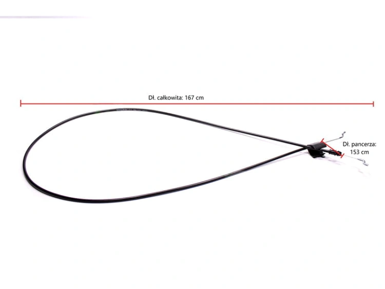 Linka hamulca do kosiarki pchanej LC353 VI Classic Husqvarna, czarna, długość całkowita 167 cm, długość pancerza 153 cm, elastyczna, z widocznymi końcówkami mocującymi, ułożona w kształcie owalu. Tło białe.
