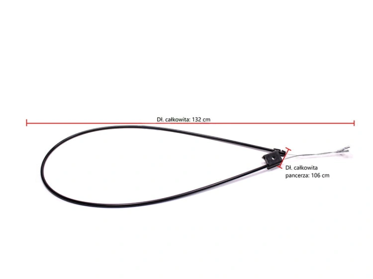 Linka hamulca do kosiarki pchanej LC48V Husqvarna w czarnym kolorze, o długości całkowitej 132 cm i długości pancerza 106 cm, wygięta w kształt podwójnej pętlki, z metalowym mocowaniem na końcu. Produkt widoczny na jednolitym tle.