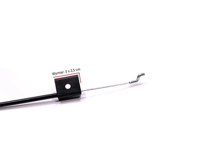Linka hamulca do kosiarki pchanej LC48V Husqvarna, czarna, wykonana z metalu i tworzywa, z wygiętym końcem i mocowaniem o wym. 3 x 2,5 cm. Produkt widoczny z boku, w pozycji leżącej na białym tle, pokazujący detal mocowania i kształt linki.