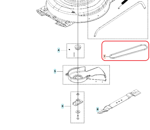 Pasek napędowy kosiarki Husqvarna LB 256S, szary, gładki, prostokątny z zaokrąglonymi krawędziami, na płaskim tle obok innych części kosiarki.