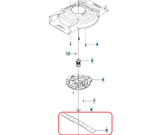 Nóż kosiarki Husqvarna 48 cm, widok z góry z ostrzami i metalowymi zagiętymi krawędziami, otwór montażowy na środku, na ciemnym tle, bez napisów i logo.