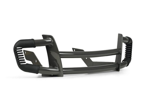 Osłona zderzaka traktora Husqvarna w kolorze ciemnoszarym, wykonana z metalu. Produkt widoczny z boku, w leżącej pozycji. Zawiera dwa gumowe uchwyty dla lepszego chwytu. Elementy montażowe umieszczone z tyłu, zapewniające stabilne przymocowanie.