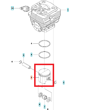 Tłok wykaszarki Husqvarna 143 RII/541RS w zbliżeniu, wykonany z metalu, o cylindrycznym kształcie. Widoczne detale: gładka powierzchnia, otwór montażowy, oznaczenia na boku. Element w kompletnym stanie, przeznaczony do stosowania w wykaszarkach.