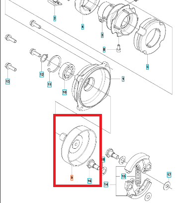 Bęben wykaszarki Husqvarna 143 RII/236R w detalicznym widoku z boku, z widoczną okrągłą konstrukcją i zestawem mocowań. Element wykonany z metalu, z wyraźnymi znakami montażowymi. Szare tło podkreśla szczegóły produktu.