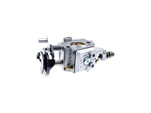 Gaźnik Husqvarna do kosy 545RX, metaliczny, z widocznymi śrubami i elementami mocującymi, ujęcie z boku, na białym tle. Elementy takie jak tłok, zawory i wlot powietrza jasno widoczne, konstrukcja kątowa. Wymiary produktu nieokreślone.