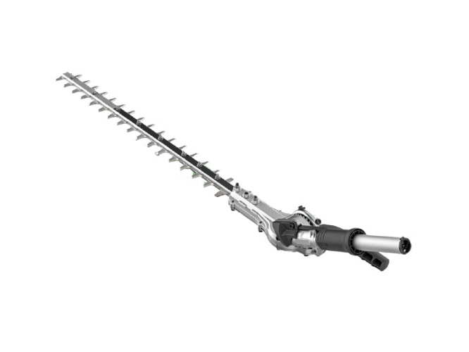 Nożyce do żywopłotu HA200 w kolorze szarym z metalową, długą i ząbkowaną ostrą belką tnącą. Ujęcie z boku, ukazujące uchwyt oraz mechanizm mocowania. Produkt leży na białym tle, co podkreśla jego kształt i detale.