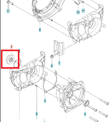 Szary, okrągły uszczelniacz do wykaszarki Husqvarna 233RJ/543RS z centralnym wgłębieniem, gładką powierzchnią, widoczny z przodu z detalami i innymi częściami montażowymi.