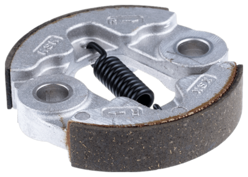 Sprzęgło wykaszarki 143R/153R Husqvarna w kształcie okrągłym, z metalowym rdzeniem i ciemną, teksturowaną powierzchnią. Widoczne różne otwory montażowe i sprężyna. Produkt leżący na białym tle, ukazujący detale strukturalne.