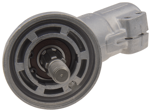 Przekładnia stożkowa do wykaszarki Husqvarna 153R w kolorze szarym, z okrągłym korpusem i centralnym wałem. Ujęcie z boku, na jednolitym tle. Widoczny detal osi, żłobienia i otwory montażowe. Brak widocznych napisów i logo.