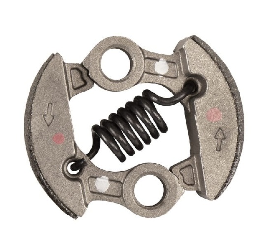 Sprzęgło wykaszarki 525RX Husqvarna w kształcie półokrągłej tarczy, wykonane z metalu w odcieniu szaro-srebrnym. Widoczny środkowy sprężynujący mechanizm oraz otwory montażowe. Produkt leży na białym tle, bez dodatkowych elementów.