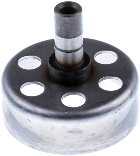 Bęben sprzęgła do wykaszarki Husqvarna 525RX w metalicznym wykończeniu z widocznymi otworami. Główny element w kształcie okrągłym z centralnym wałkiem. Ujęcie z góry ukazuje detale i konstrukcję.