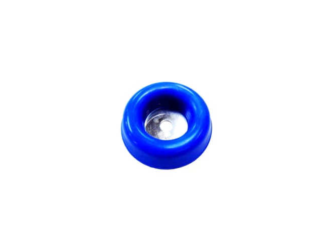 Podstawa dystansowa kos 535RX/333R/335R Husqvarna w kolorze niebieskim, plastikowa z metalową częścią wewnętrzną. Przedmiot pokazany z boku, w jednolitym tle. Owalny kształt z wycięciem na śrubę w centrum, typowy dla akcesoriów ogrodowych.