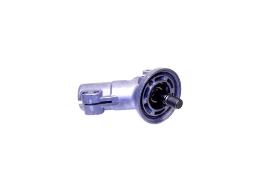Przekładnia kątowa do kosy spalinowej Husqvarna 333R/535RX, metaliczna, w kolorze srebrnym, z widocznym wałem i jedną śrubą mocującą. Ujęcie z boku, ukazujące szczegóły konstrukcji oraz profil produktu. Na białym tle, prezentacja detaliczna.