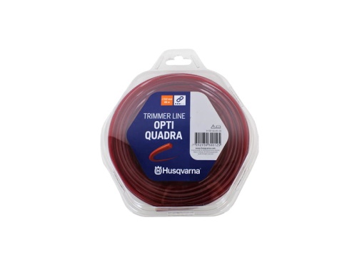 Linka tnąca Opti Quadra Husqvarna w kolorze czerwonym, o średnicy 3 mm i długości 48 m, zapakowana w przezroczyste opakowanie z uchwytem. Widoczny napis z nazwą produktu oraz logo Husqvarna. Produkt złożony w okrągły kształt, na białym tle.