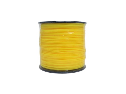 Linka tnąca o średnicy 2,7 mm i długości 240 m, w kolorze jasnym żółtym, zwinięta na czarnym bębnie. Produkt prezentowany w pozycji stojącej, widoczny kształt spirali. Idealny do wykorzystania w urządzeniach ogrodowych.