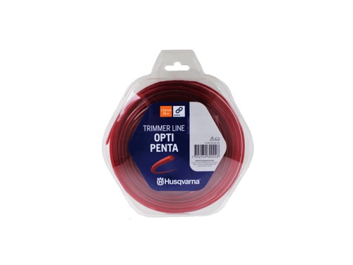 Linka tnąca Opti Penta Husqvarna o średnicy 3,0 mm i długości 56 m, umieszczona w okrągłym przezroczystym opakowaniu. Logo Husqvarna oraz napis TRIMMER LINE widoczne w centralnej części opakowania. Całość prezentowana na białym tle.
