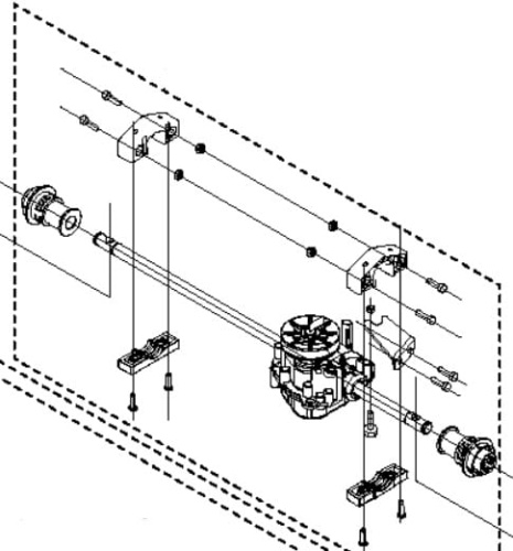 Schemat przekładni 356VP Husqvarna z silnikiem na tle linii przerywanych. Widoczne wałek, mocowania, śruby; elementy rozłożone, ujęcie frontalne na mechanizmy.