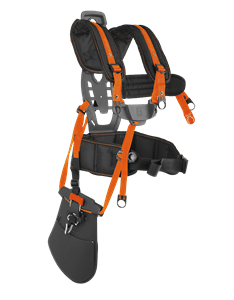 Szelki Balance XT Husqvarna do wykaszarek, czarne z pomarańczowymi akcentami, z ergonomicznym łącznikiem i grubymi pasami dla wygody i stabilności.