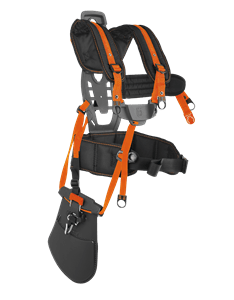 Szelki Balance XT Husqvarna do wykaszarek, czarne z pomarańczowymi akcentami, z ergonomicznym łącznikiem i grubymi pasami dla wygody i stabilności.