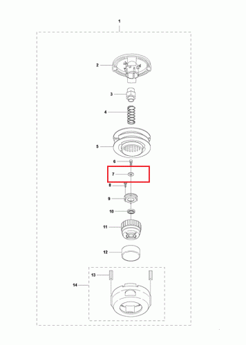 Podkładka głowicy żyłkowej Husqvarna T35X/T45X, rozłożona, składająca się z kilku części, w tym czarnego pierścienia mocującego nr 7 z otworem, wykonana z tworzywa sztucznego, z widocznymi detalami mocowań.