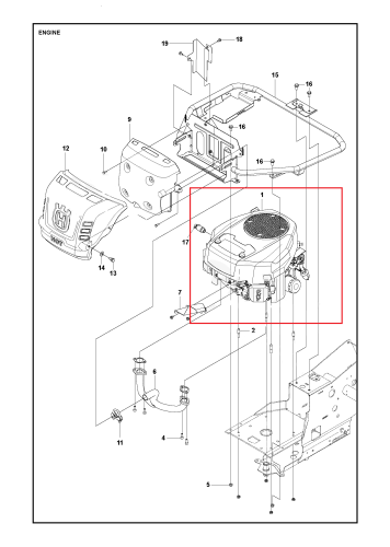 Silnik HV 586AE do Ridera R214TC, R216T AWD z widocznym okrągłym filtrem powietrza. Produkt w pozycji stojącej, z boku, ukazujący detale takie jak mocowania i przewody. Tło jasne, umożliwiające przejrzystość opisu elementów konstrukcyjnych.